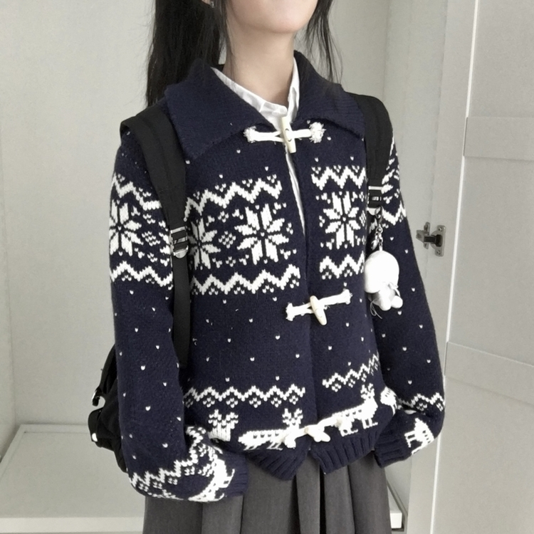 도톰 코위찬 떡볶이 버튼 노르딕 눈꽃 루돌프 카라 니트 가디건 곤색