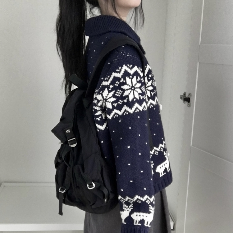 도톰 코위찬 떡볶이 버튼 노르딕 눈꽃 루돌프 카라 니트 가디건 곤색