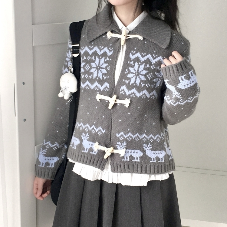 도톰 코위찬 떡볶이 버튼 노르딕 눈꽃 루돌프 카라 니트 가디건 그레이