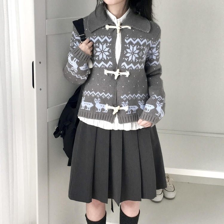 도톰 코위찬 떡볶이 버튼 노르딕 눈꽃 루돌프 카라 니트 가디건 그레이