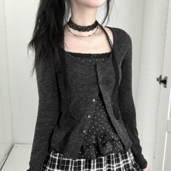 빈티지 여리핏 프릴 가디건 도트 레이어드 나시 머플러 세트 블랙