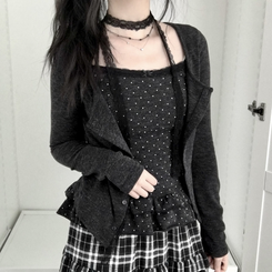 빈티지 여리핏 프릴 가디건 도트 레이어드 나시 머플러 세트 블랙