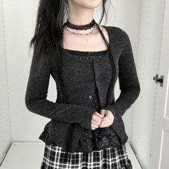 빈티지 여리핏 프릴 가디건 도트 레이어드 나시 머플러 세트 블랙