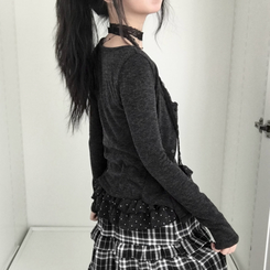 빈티지 여리핏 프릴 가디건 도트 레이어드 나시 머플러 세트 블랙