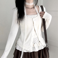 빈티지 여리핏 프릴 가디건 도트 레이어드 나시 머플러 세트 아이보리