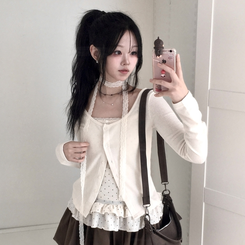 빈티지 여리핏 프릴 가디건 도트 레이어드 나시 머플러 세트 아이보리