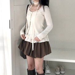 빈티지 여리핏 프릴 가디건 도트 레이어드 나시 머플러 세트 아이보리