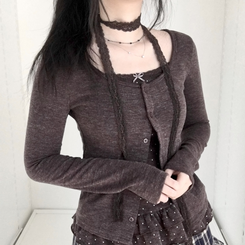 빈티지 여리핏 프릴 가디건 도트 레이어드 나시 머플러 세트 브라운