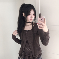 빈티지 여리핏 프릴 가디건 도트 레이어드 나시 머플러 세트 브라운