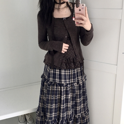 빈티지 여리핏 프릴 가디건 도트 레이어드 나시 머플러 세트 브라운