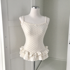 빈티지 여리핏 프릴 가디건 도트 레이어드 나시 머플러 세트