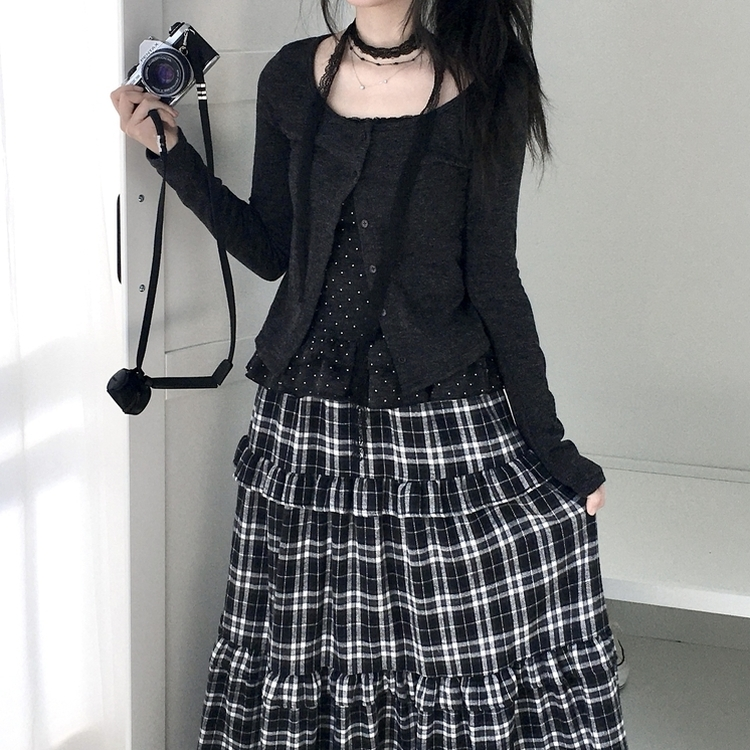 빈티지 여리핏 프릴 가디건 도트 레이어드 나시 머플러 세트 블랙