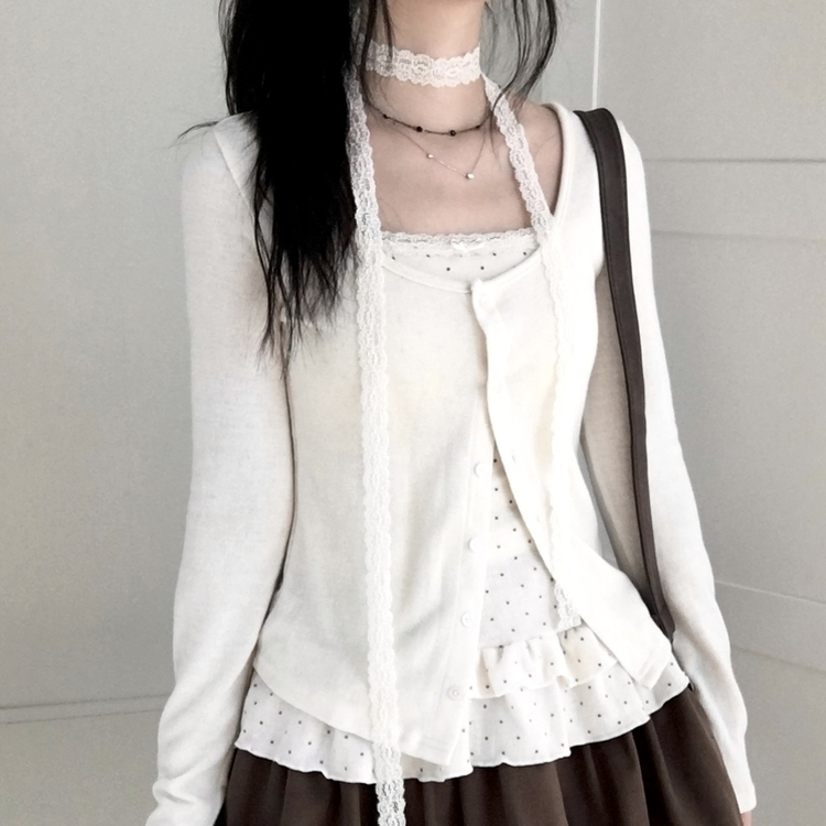 빈티지 여리핏 프릴 가디건 도트 레이어드 나시 머플러 세트 아이보리