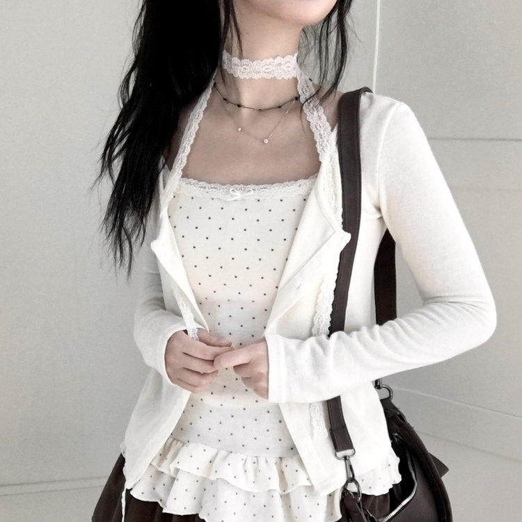 빈티지 여리핏 프릴 가디건 도트 레이어드 나시 머플러 세트 아이보리