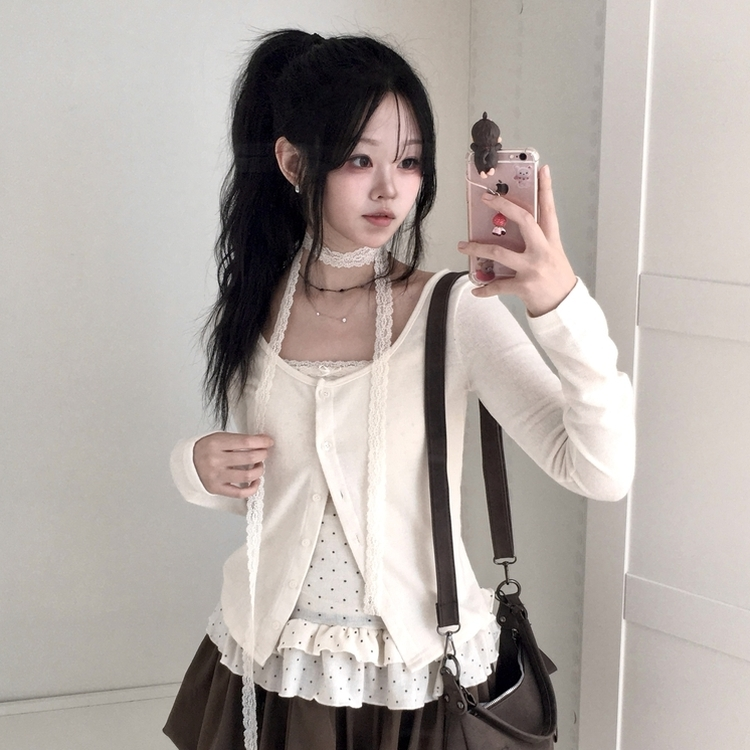 빈티지 여리핏 프릴 가디건 도트 레이어드 나시 머플러 세트 아이보리