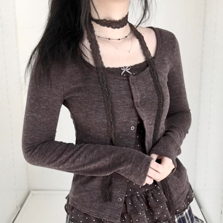 빈티지 여리핏 프릴 가디건 도트 레이어드 나시 머플러 세트 브라운