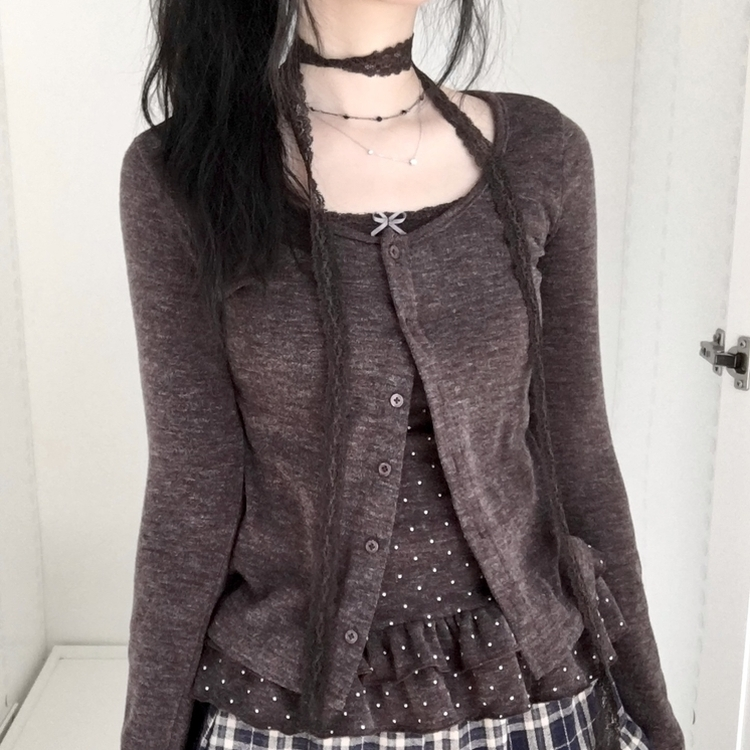 빈티지 여리핏 프릴 가디건 도트 레이어드 나시 머플러 세트 브라운