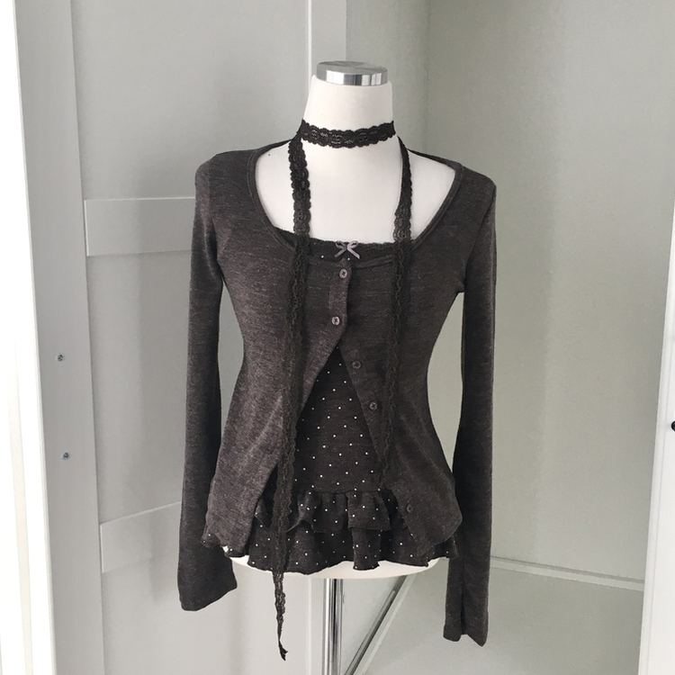 빈티지 여리핏 프릴 가디건 도트 레이어드 나시 머플러 세트