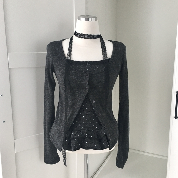 빈티지 여리핏 프릴 가디건 도트 레이어드 나시 머플러 세트