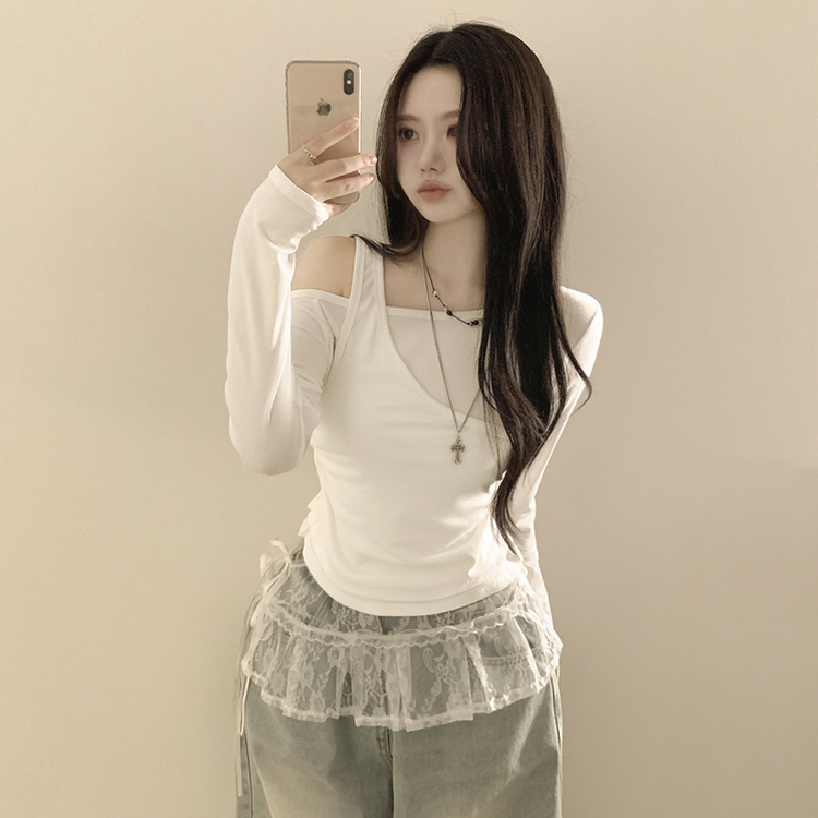 일체형 레이어드 언발 보트넥 슬리브리스 나시 원숄더 옆셔링 슬림핏 꾸꾸 긴팔티셔츠 화이트