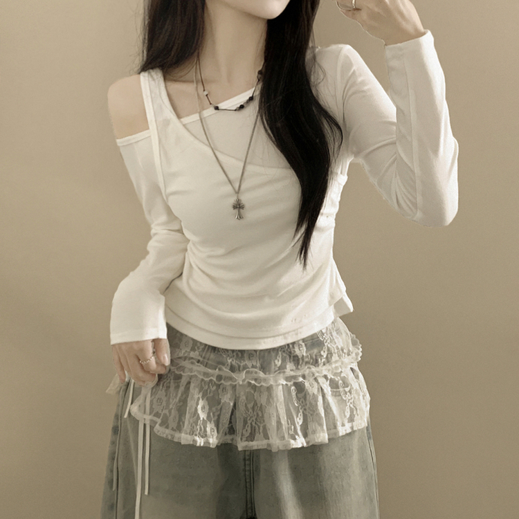 일체형 레이어드 언발 보트넥 슬리브리스 나시 원숄더 옆셔링 슬림핏 꾸꾸 긴팔티셔츠 화이트