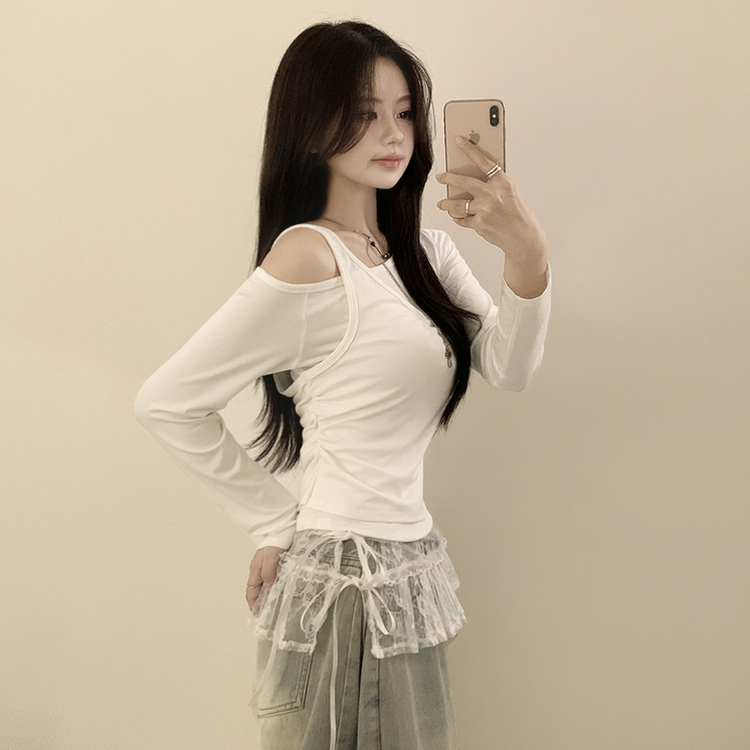 일체형 레이어드 언발 보트넥 슬리브리스 나시 원숄더 옆셔링 슬림핏 꾸꾸 긴팔티셔츠 화이트