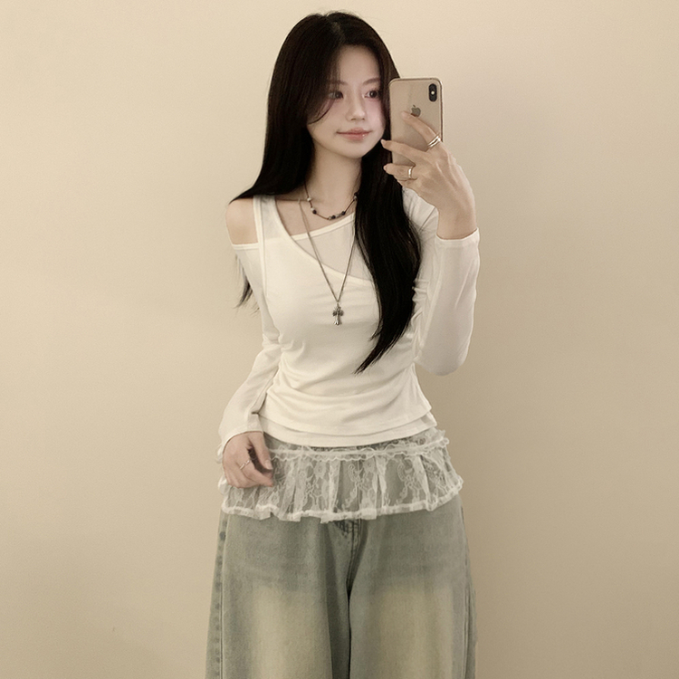 일체형 레이어드 언발 보트넥 슬리브리스 나시 원숄더 옆셔링 슬림핏 꾸꾸 긴팔티셔츠 화이트