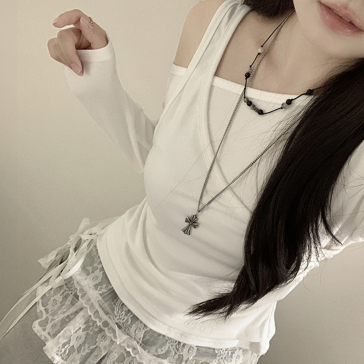 일체형 레이어드 언발 보트넥 슬리브리스 나시 원숄더 옆셔링 슬림핏 꾸꾸 긴팔티셔츠 화이트