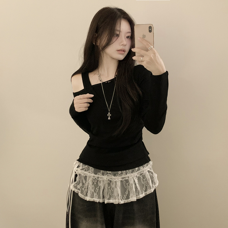 일체형 레이어드 언발 보트넥 슬리브리스 나시 원숄더 옆셔링 슬림핏 꾸꾸 긴팔티셔츠 블랙