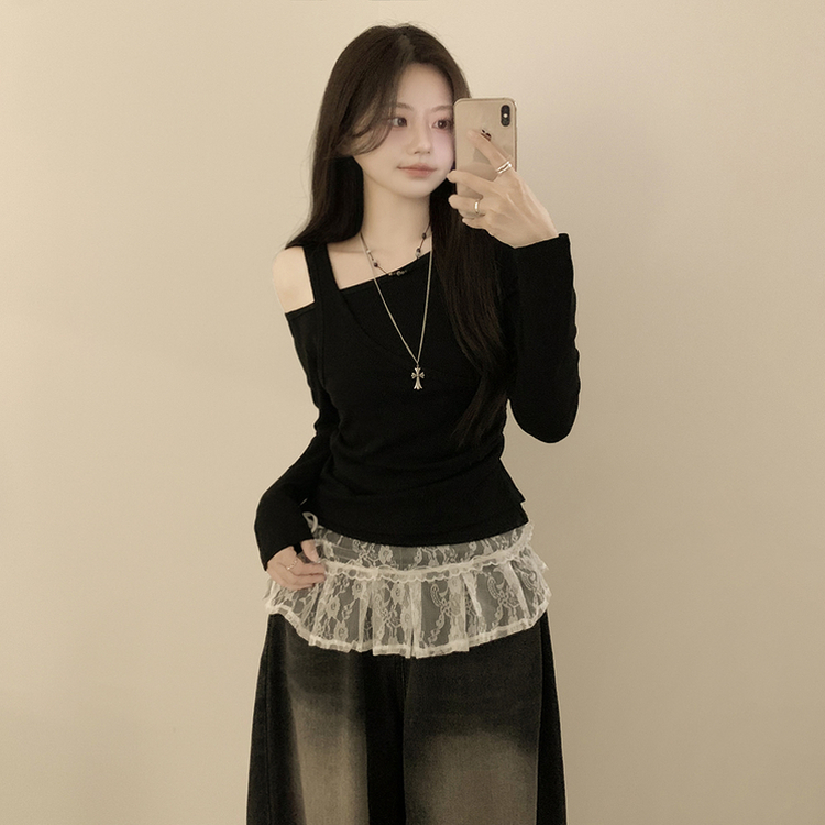 일체형 레이어드 언발 보트넥 슬리브리스 나시 원숄더 옆셔링 슬림핏 꾸꾸 긴팔티셔츠 블랙