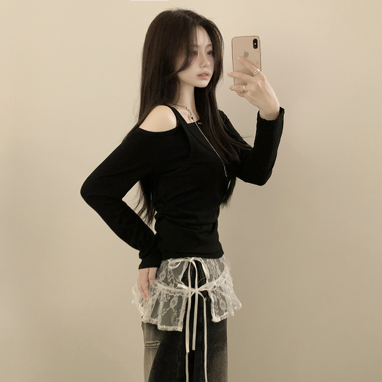 일체형 레이어드 언발 보트넥 슬리브리스 나시 원숄더 옆셔링 슬림핏 꾸꾸 긴팔티셔츠 블랙