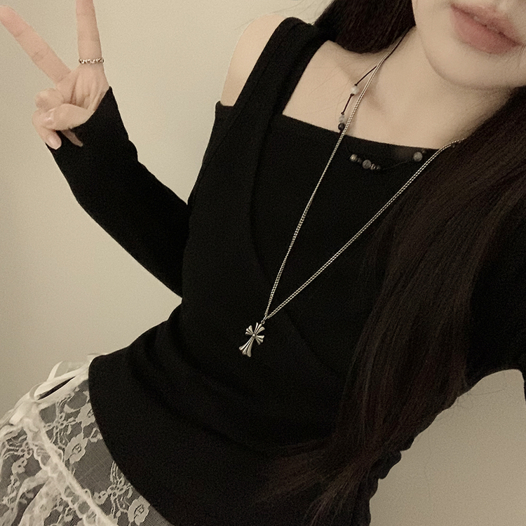 일체형 레이어드 언발 보트넥 슬리브리스 나시 원숄더 옆셔링 슬림핏 꾸꾸 긴팔티셔츠 블랙