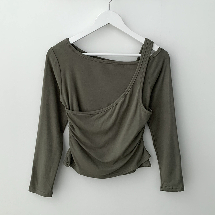 일체형 레이어드 언발 보트넥 슬리브리스 나시 원숄더 옆셔링 슬림핏 꾸꾸 긴팔티셔츠