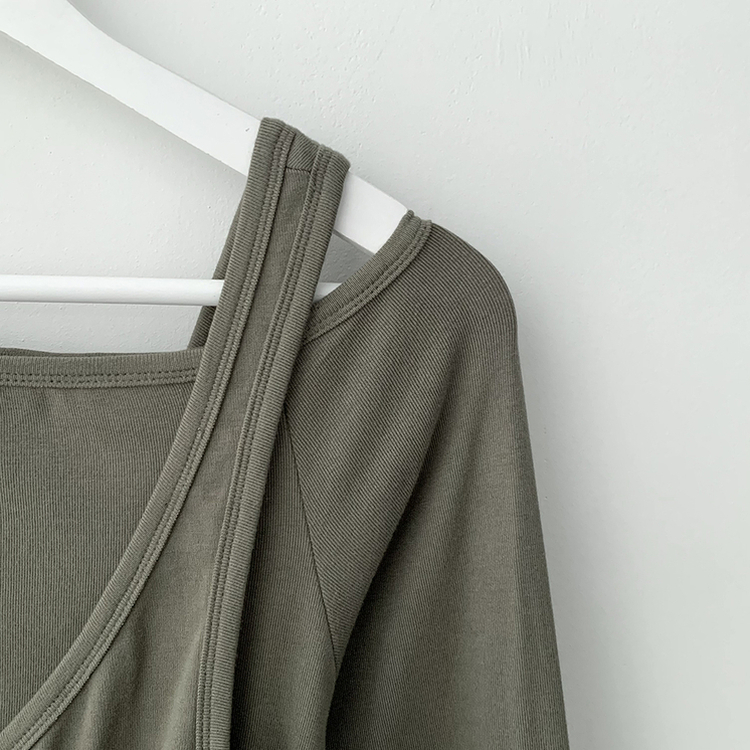 일체형 레이어드 언발 보트넥 슬리브리스 나시 원숄더 옆셔링 슬림핏 꾸꾸 긴팔티셔츠