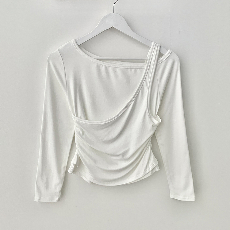 일체형 레이어드 언발 보트넥 슬리브리스 나시 원숄더 옆셔링 슬림핏 꾸꾸 긴팔티셔츠