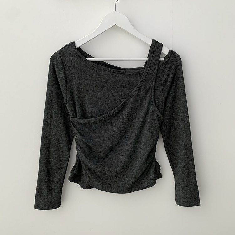 일체형 레이어드 언발 보트넥 슬리브리스 나시 원숄더 옆셔링 슬림핏 꾸꾸 긴팔티셔츠