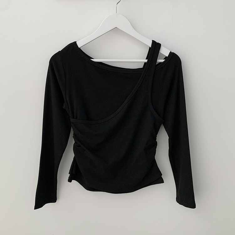 일체형 레이어드 언발 보트넥 슬리브리스 나시 원숄더 옆셔링 슬림핏 꾸꾸 긴팔티셔츠