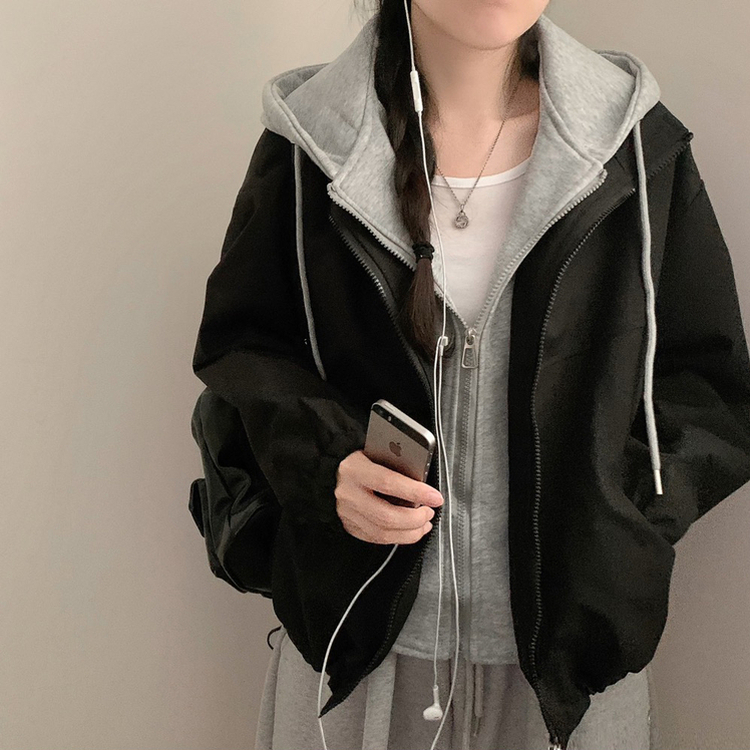 レイヤード風フードジップアップジャケット BLACK