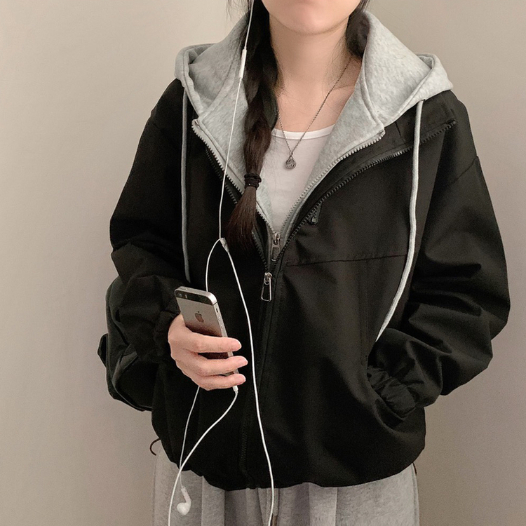 レイヤード風フードジップアップジャケット BLACK
