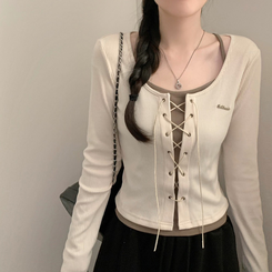(일체형) 이지 아일렛 빈티지 y2k 펜던트 와펜 긴팔 코르셋 긴팔티 가을 가을옷 봄 봄옷 레이어드 (4color) 베이지