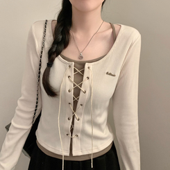 (일체형) 이지 아일렛 빈티지 y2k 펜던트 와펜 긴팔 코르셋 긴팔티 가을 가을옷 봄 봄옷 레이어드 (4color) 베이지