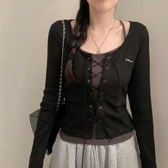 (일체형) 이지 아일렛 빈티지 y2k 펜던트 와펜 긴팔 코르셋 긴팔티 가을 가을옷 봄 봄옷 레이어드 (4color) 블랙