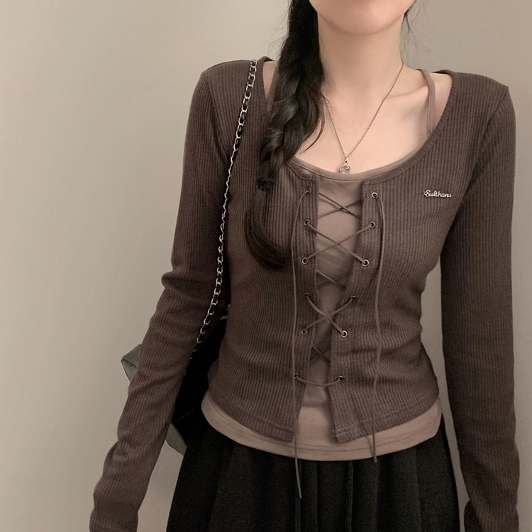 (일체형) 이지 아일렛 빈티지 y2k 펜던트 와펜 긴팔 코르셋 긴팔티 가을 가을옷 봄 봄옷 레이어드 (4color) 밤색