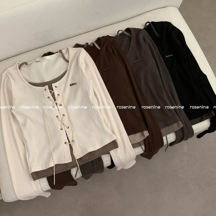 (일체형) 이지 아일렛 빈티지 y2k 펜던트 와펜 긴팔 코르셋 긴팔티 가을 가을옷 봄 봄옷 레이어드 (4color)