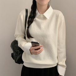 (일체형) 카라 셔츠 레이어드 라운드넥 긴팔 니트 가을 가을옷 하객룩 (4color) 아이보리