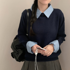 (일체형) 카라 셔츠 레이어드 라운드넥 긴팔 니트 가을 가을옷 하객룩 (4color) 곤색