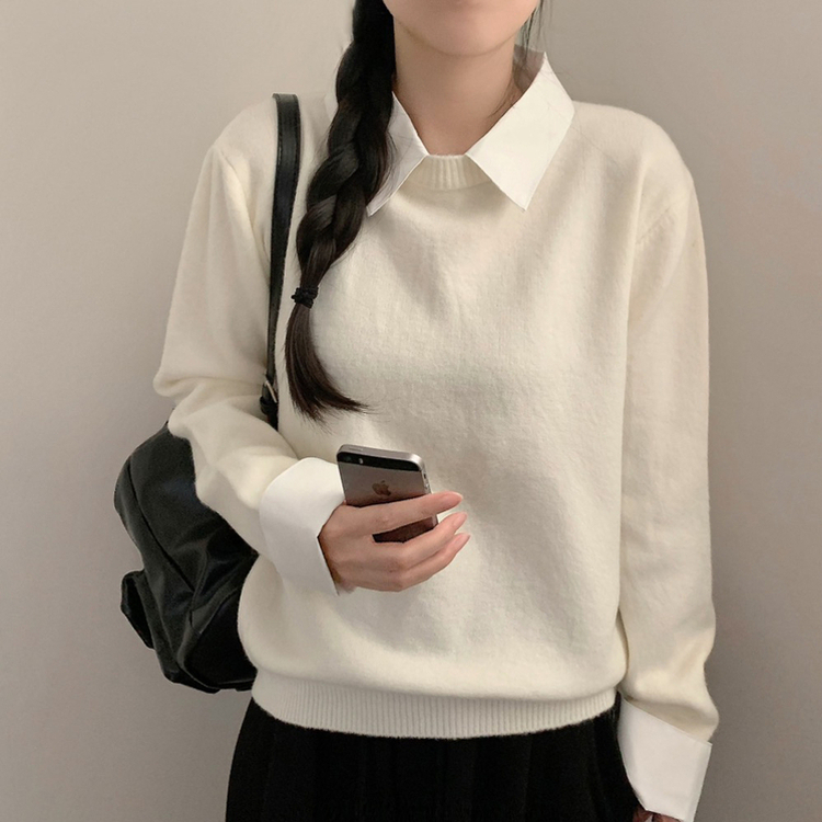 (일체형) 카라 셔츠 레이어드 라운드넥 긴팔 니트 가을 가을옷 하객룩 (4color) 아이보리