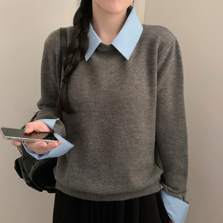 (일체형) 카라 셔츠 레이어드 라운드넥 긴팔 니트 가을 가을옷 하객룩 (4color) 그레이
