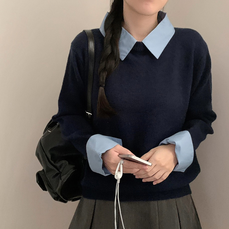(일체형) 카라 셔츠 레이어드 라운드넥 긴팔 니트 가을 가을옷 하객룩 (4color) 곤색