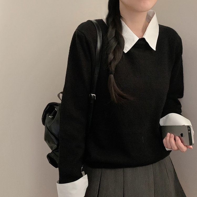 (일체형) 카라 셔츠 레이어드 라운드넥 긴팔 니트 가을 가을옷 하객룩 (4color) 블랙